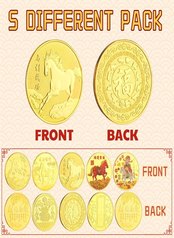 Quelay 5 Pcs Chinese Lucky Coin 2026 New Year of The Horse Chinese Zodiac Coins Golden Chocolate Coins Commemorative Novelty Metal Specie for Blessing Souvenir Office Fortune Collection Gifts - Image 3